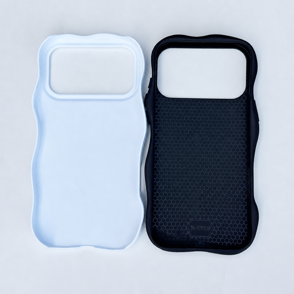 Blank wavy two-in-one phone cases in white and black, front face and honeycomb back