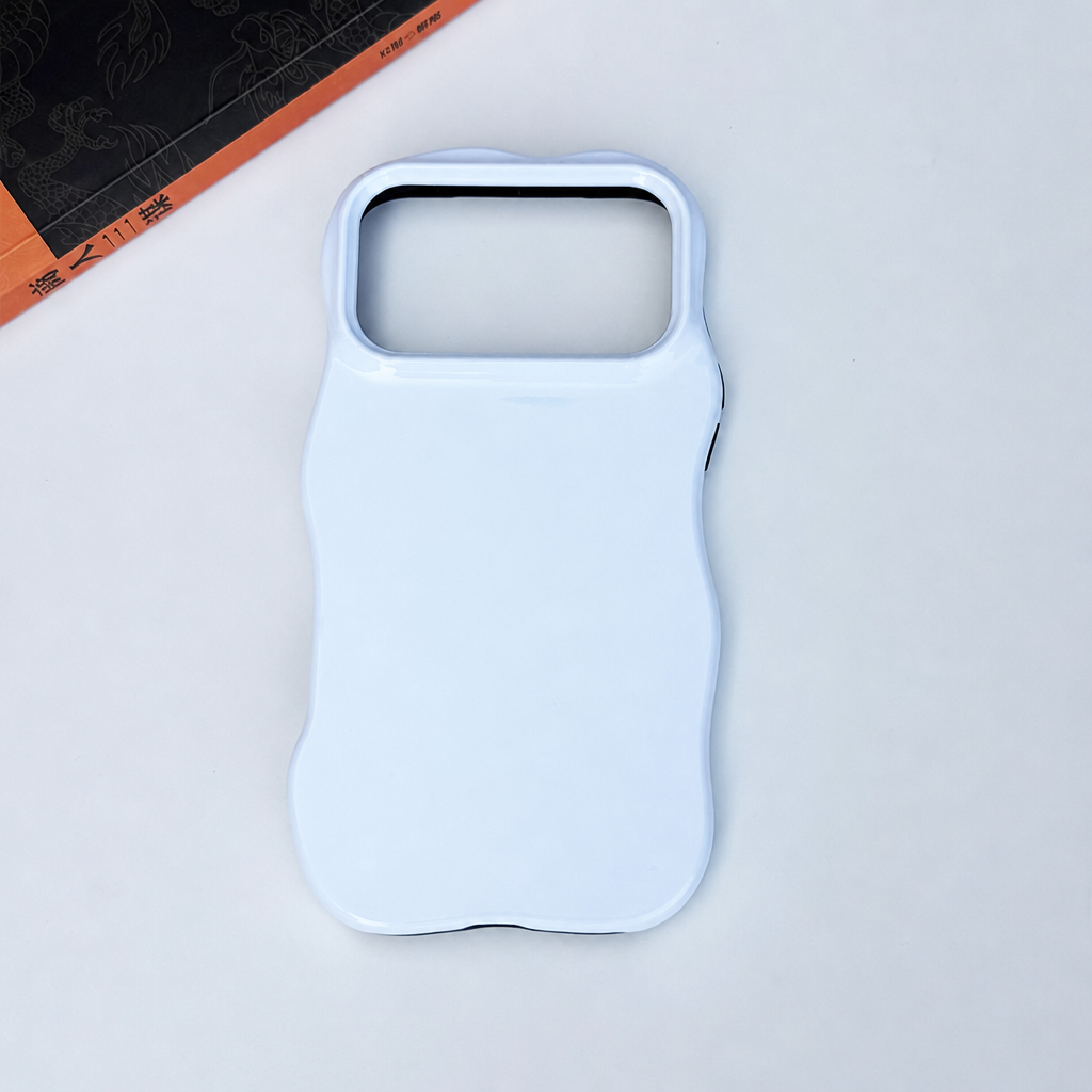 Blank white film phone case, front view with wavy edge