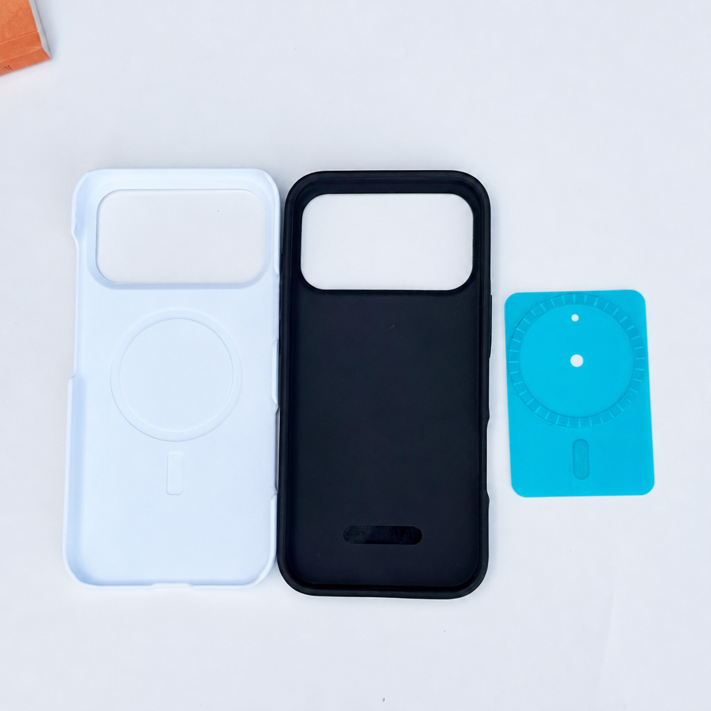 Blank magnetic phone cases in white and black with magnet plate