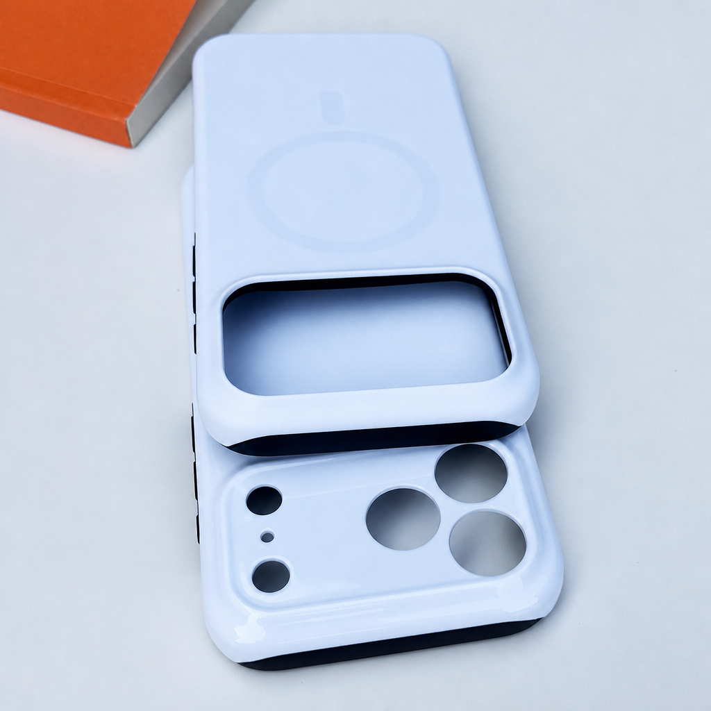 Blank magnetic phone case showing the inner frame and camera cut-outs