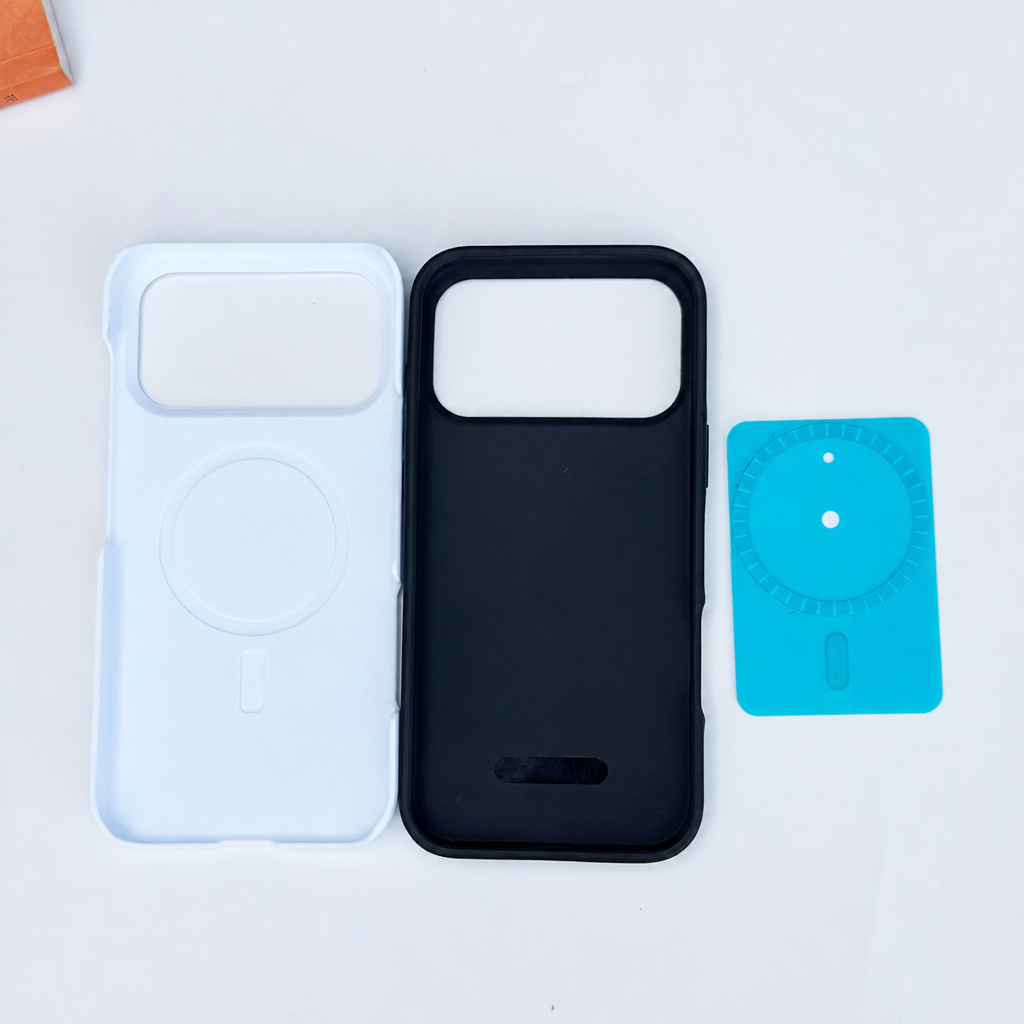 Blank magnetic phone cases in white and black, front view