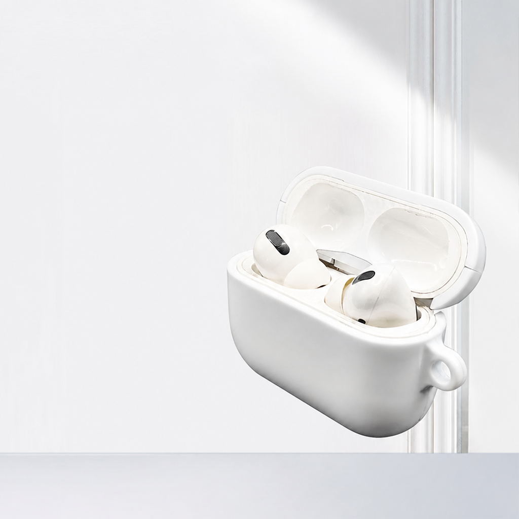 AirPods case shell with the lid open showing the earbuds fitted inside