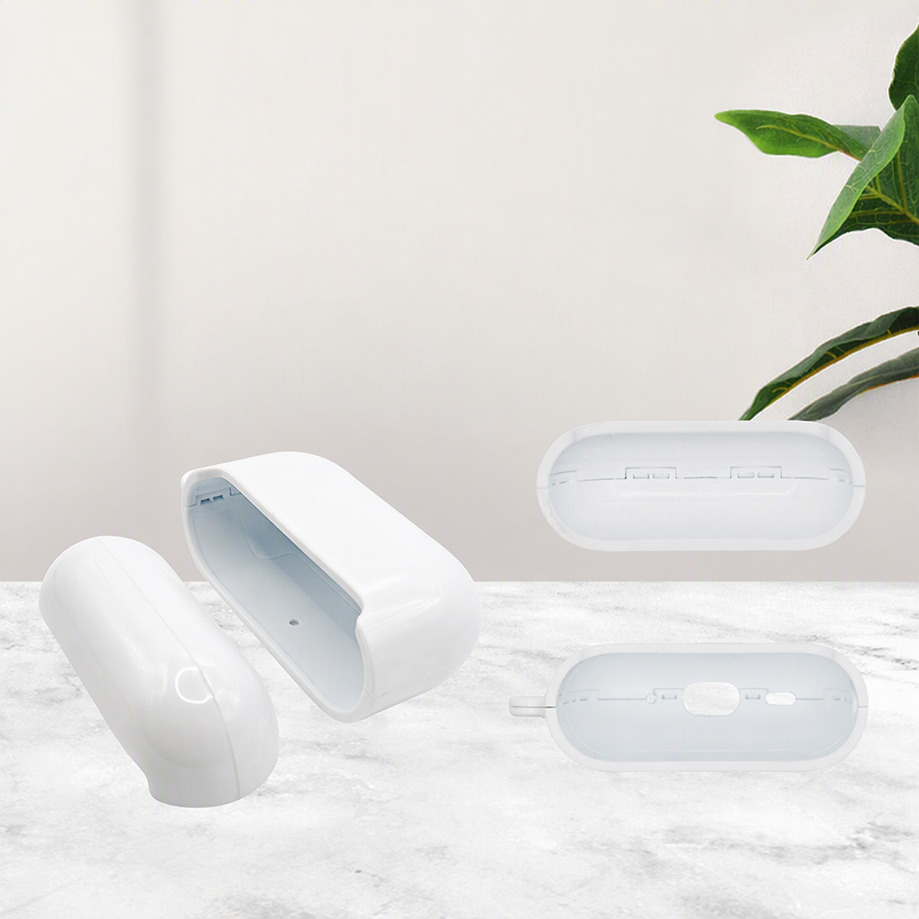 Blank white AirPods case upper and lower shells on a marble surface