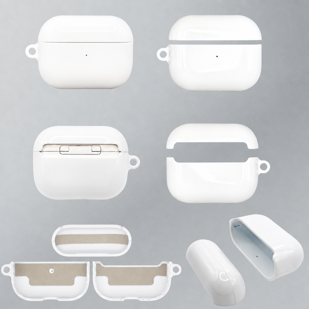 Blank AirPods case shells shown from the front and back, upper and lower pieces