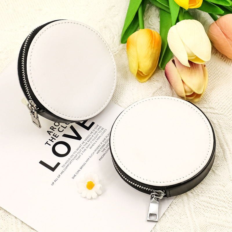 Blank white mini storage pouch keyrings with tulips on a pale background