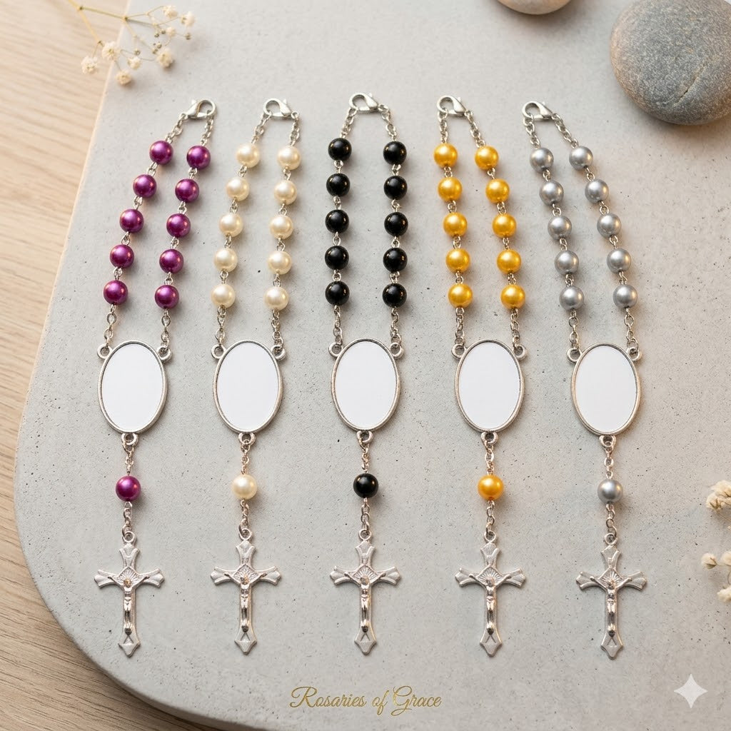 Hot sell Rosary Beaded Bracelet Sublimation Blanks White ABS Pear Jesus Christ Maria Cross Bracelet