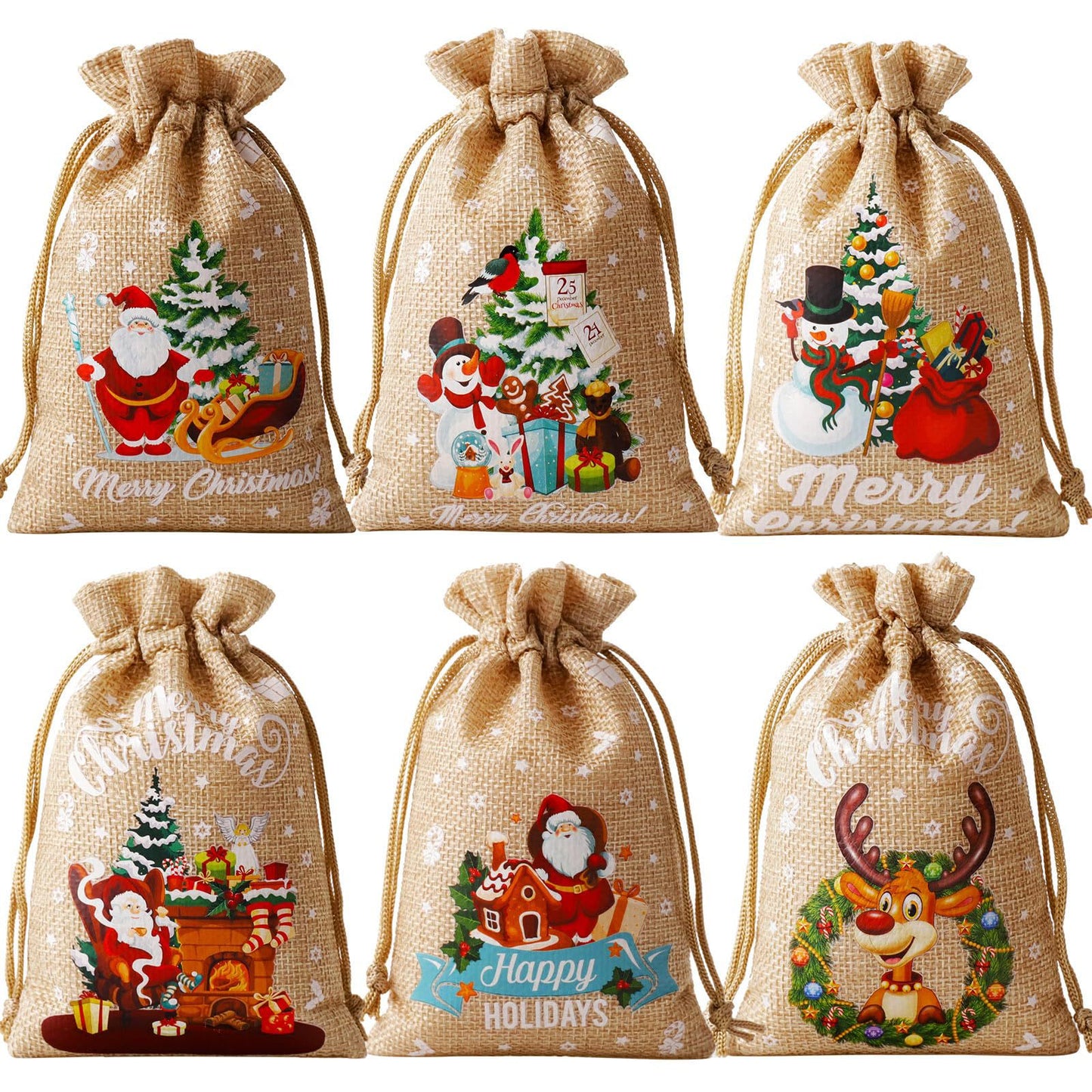 linen/cotton color Printed santa sacks in small 2 sizes 6 designs