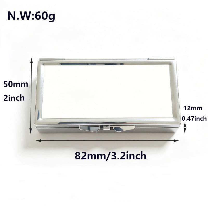 Size chart of the blank metal pill box: 82 mm by 50 mm by 12 mm, net weight 60 g