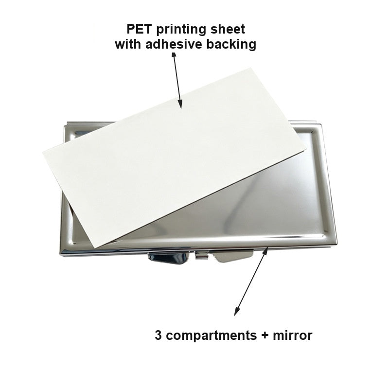Blank PET printing sheet with adhesive backing resting on the open metal pill box