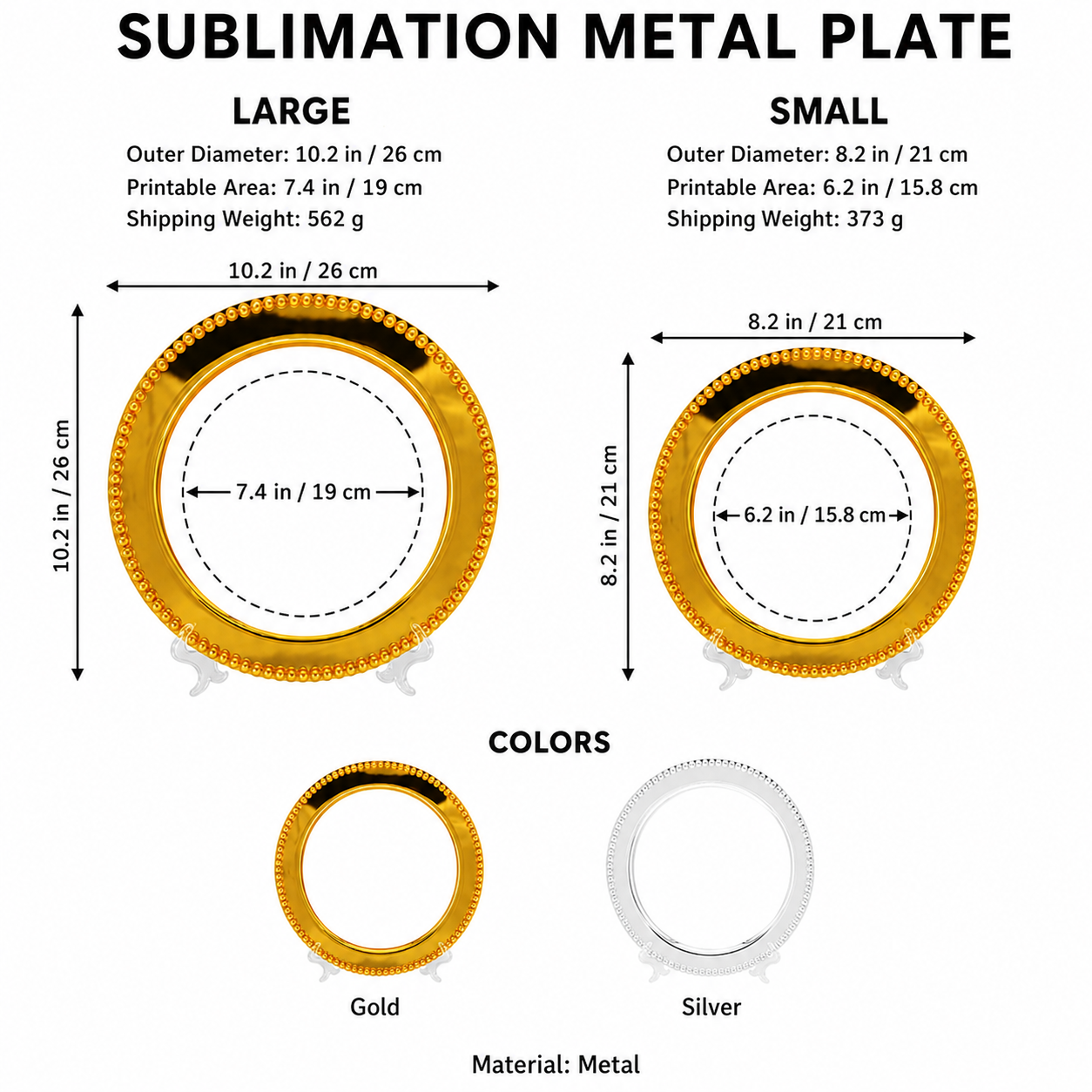 Sublimation metal plate size guide with printable areas and shipping weights