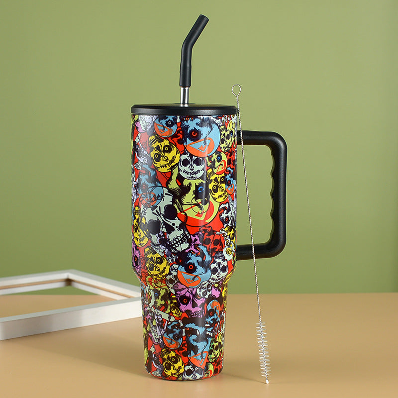 40oz Stainless Steel Insulated Tumbler with Cross-border Paint Transfer, Large Capacity Office Straw Cup